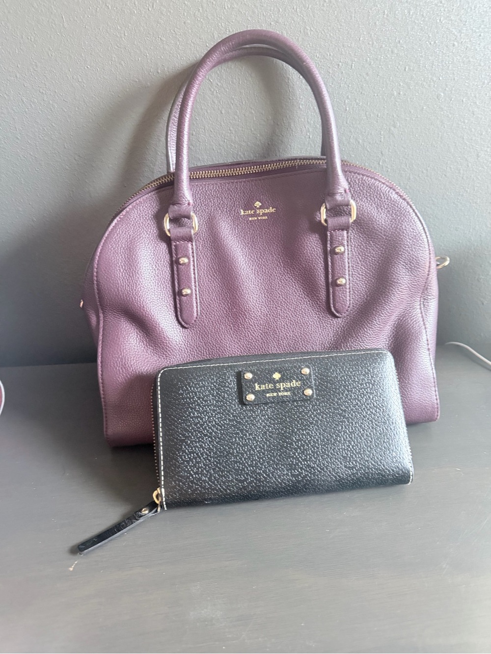 kate spade Plum Pebbled Leather Satchel with Black Zip Wallet